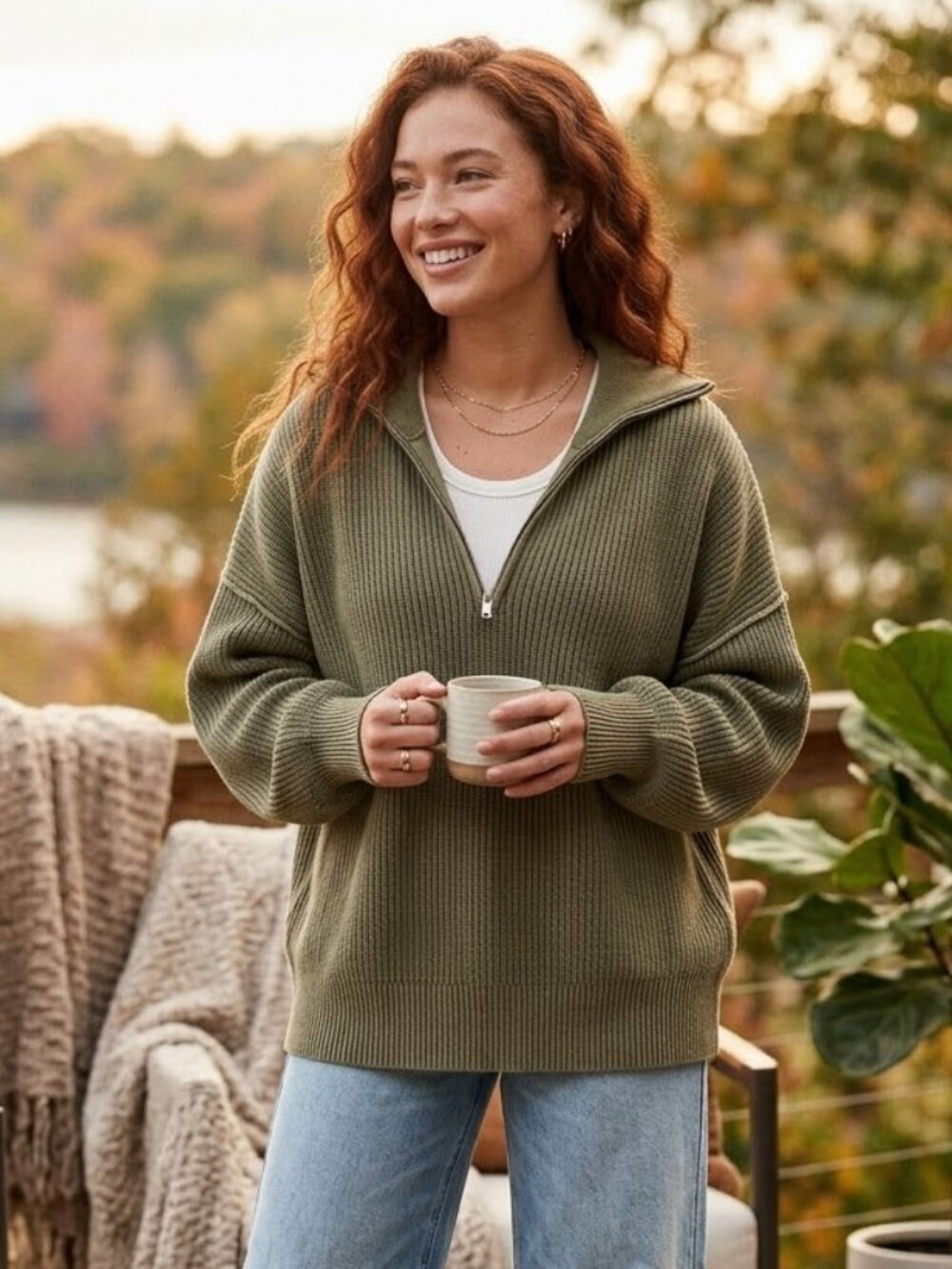 Aerie Women's Size Medium Olive Green Beyond Quarter Zip Oversized Sweater